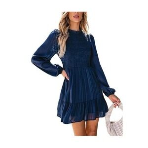 CUPSHE Womens Mini Dress Mock Neck Smocked Long Bishop Sleeves Tiered Ruffled XS